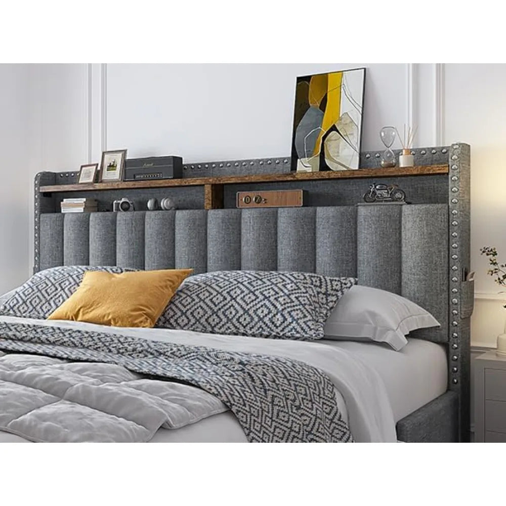 Ljustra Upholstered Queen Bed Frame with 3 Storage Drawers Strong Support