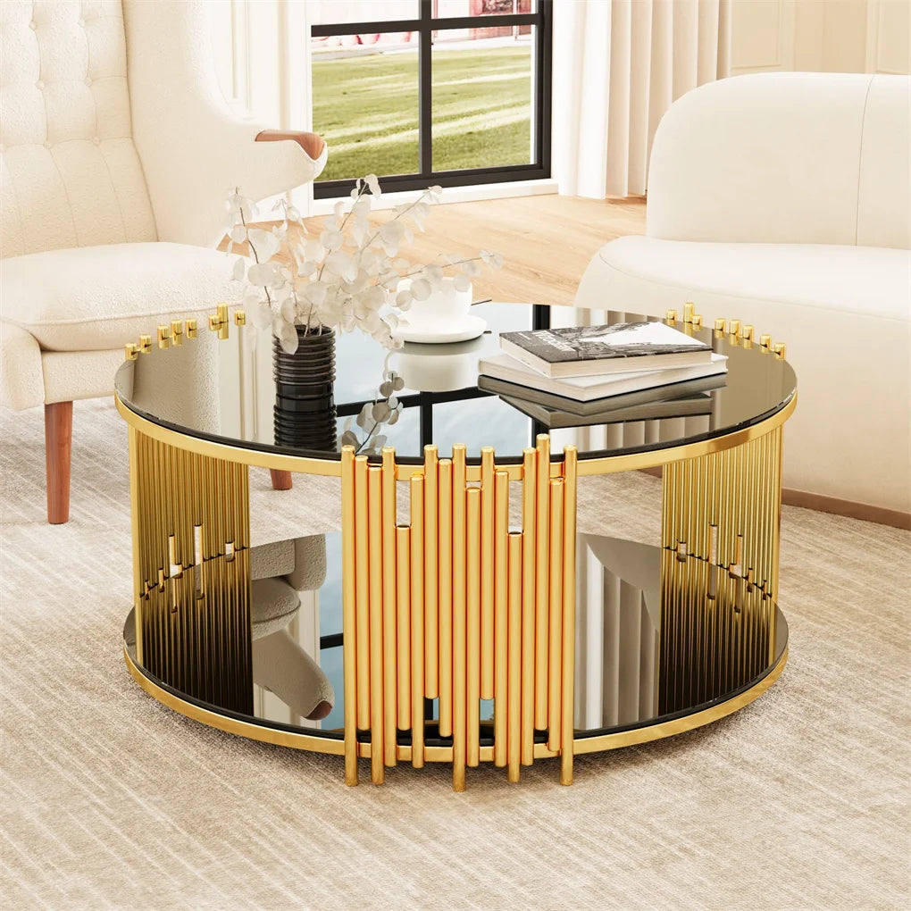Modern Minimalist Stainless Steel Circular Coffee Table Black Glass