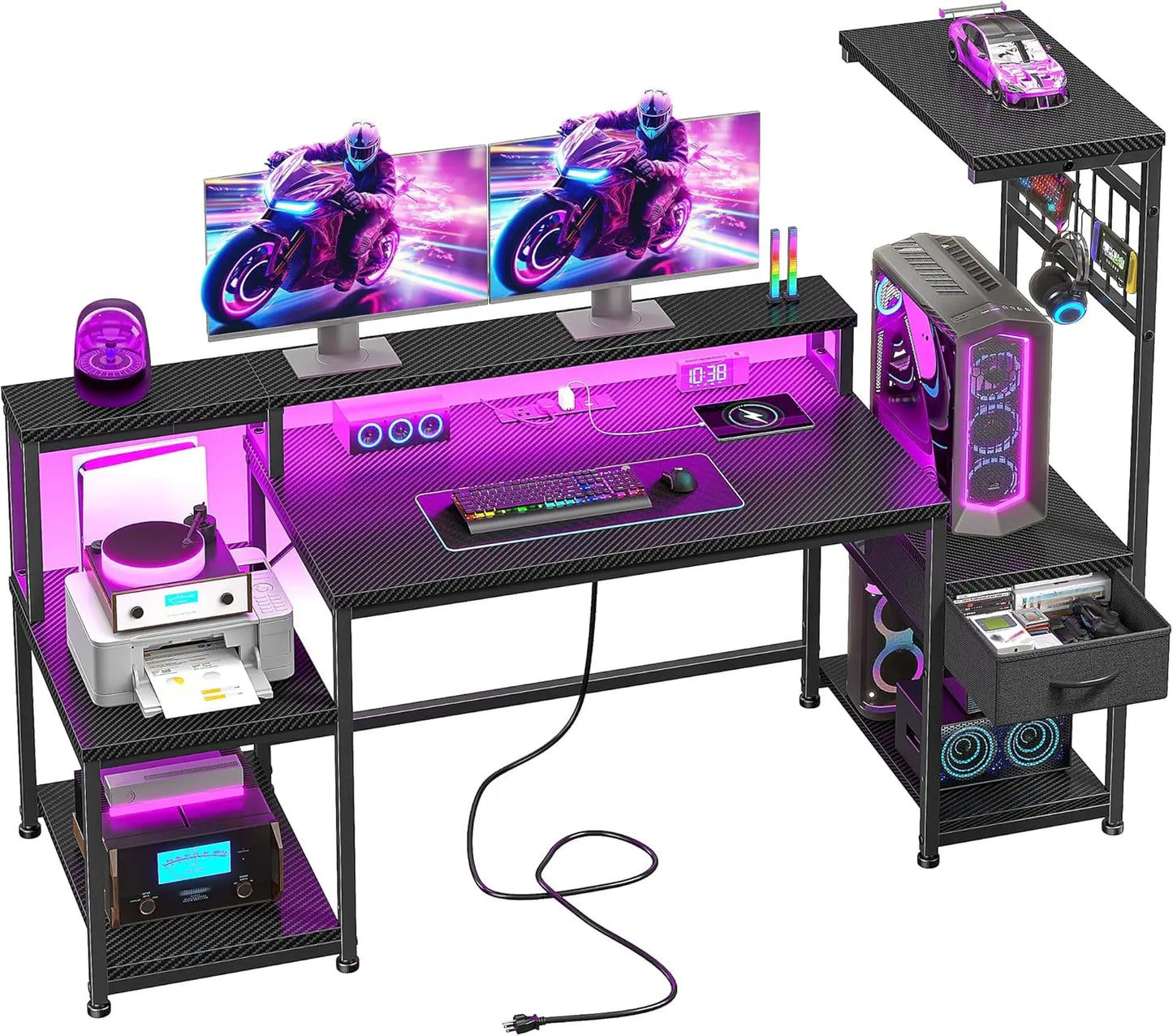 55 Inch Gaming Desk with LED Lights and Outlets Computer Desk Storage