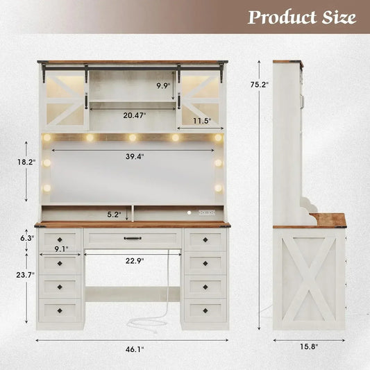 Farmhouse Makeup Vanity Desk with Mirror and RGB Lights 9 Drawer