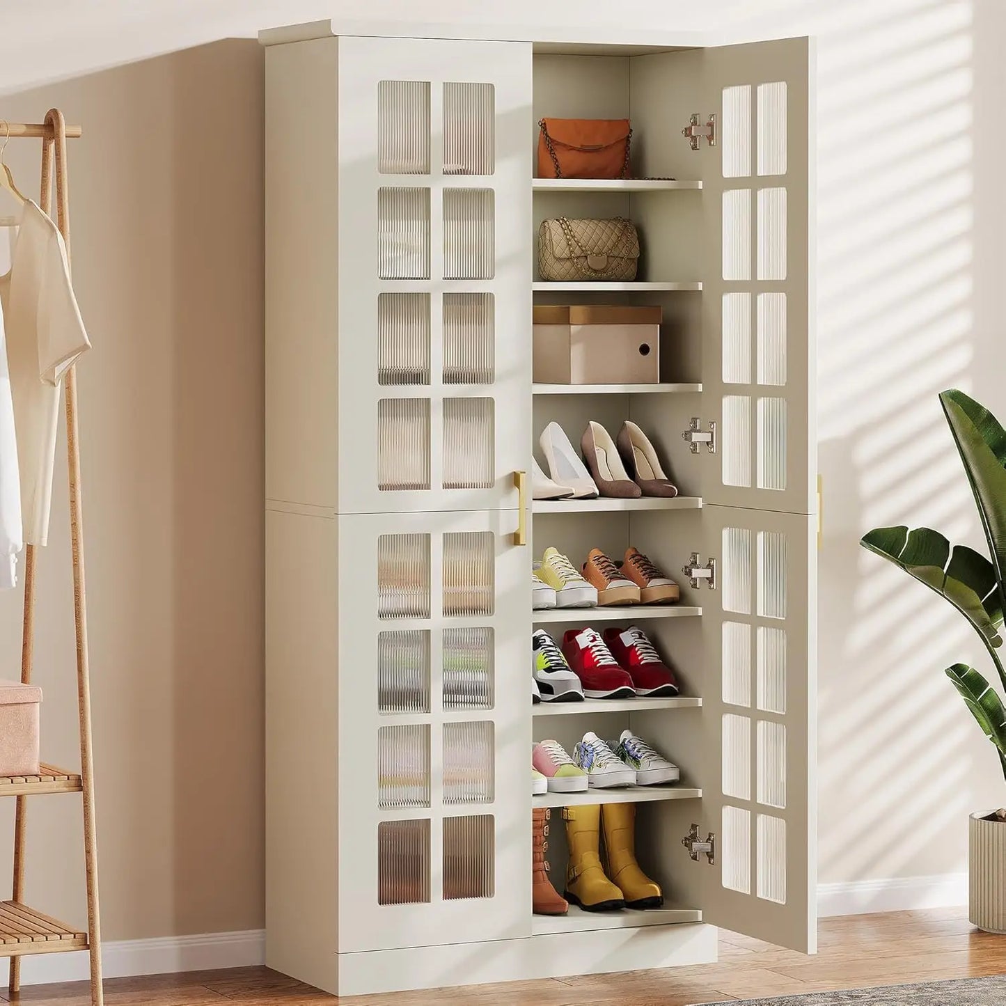 71 Inch Modern White Gold Shoe Cabinet 8 Tier Adjustable Storage Organizer