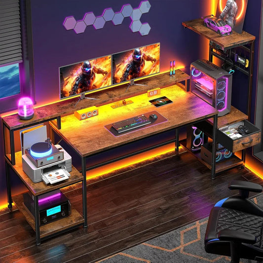 55 Inch Gaming Desk with LED Lights and Outlets Computer Desk Storage