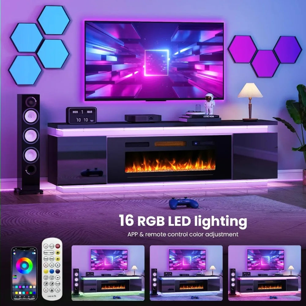 Fireplace TV Stand for 85 Inch TVs with RGB LED Lights and 4 Outlets