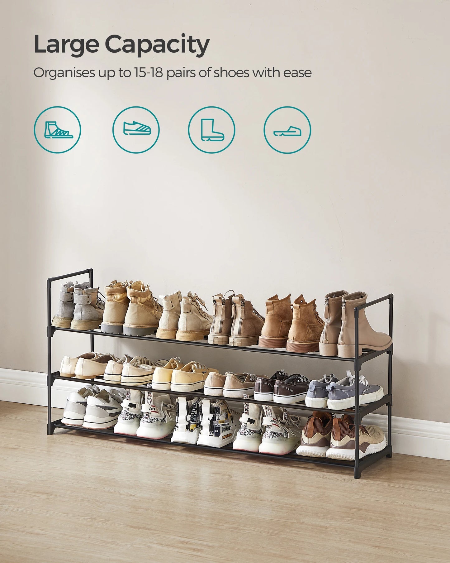 Ljustra 3 Tier Shoe Rack Organizer Metal Storage for 18 Pairs of Shoes