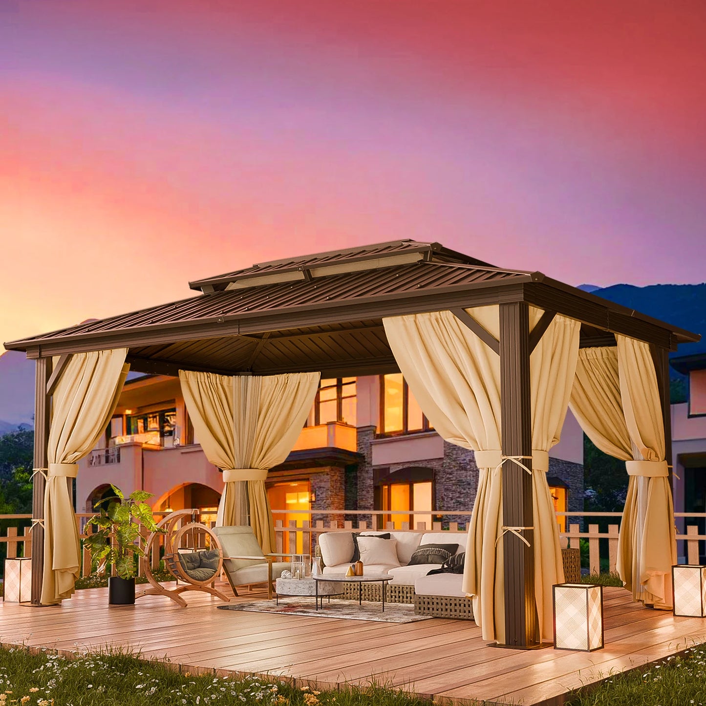 10x12ft Hardtop Gazebo Heavy Duty Aluminum Frame with Netting Curtains