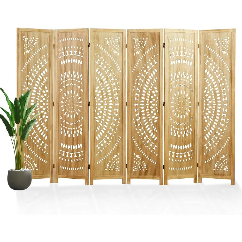 66.9Inch Folding Room Divider 6 Panel Wood Carved Privacy Screen Partition