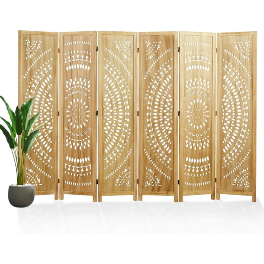 66.9Inch Folding Room Divider 6 Panel Wood Carved Privacy Screen Partition