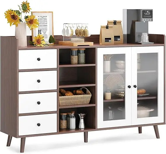 Farmhouse Buffet Cabinet with Glass Doors 4 Drawers Adjustable Shelf