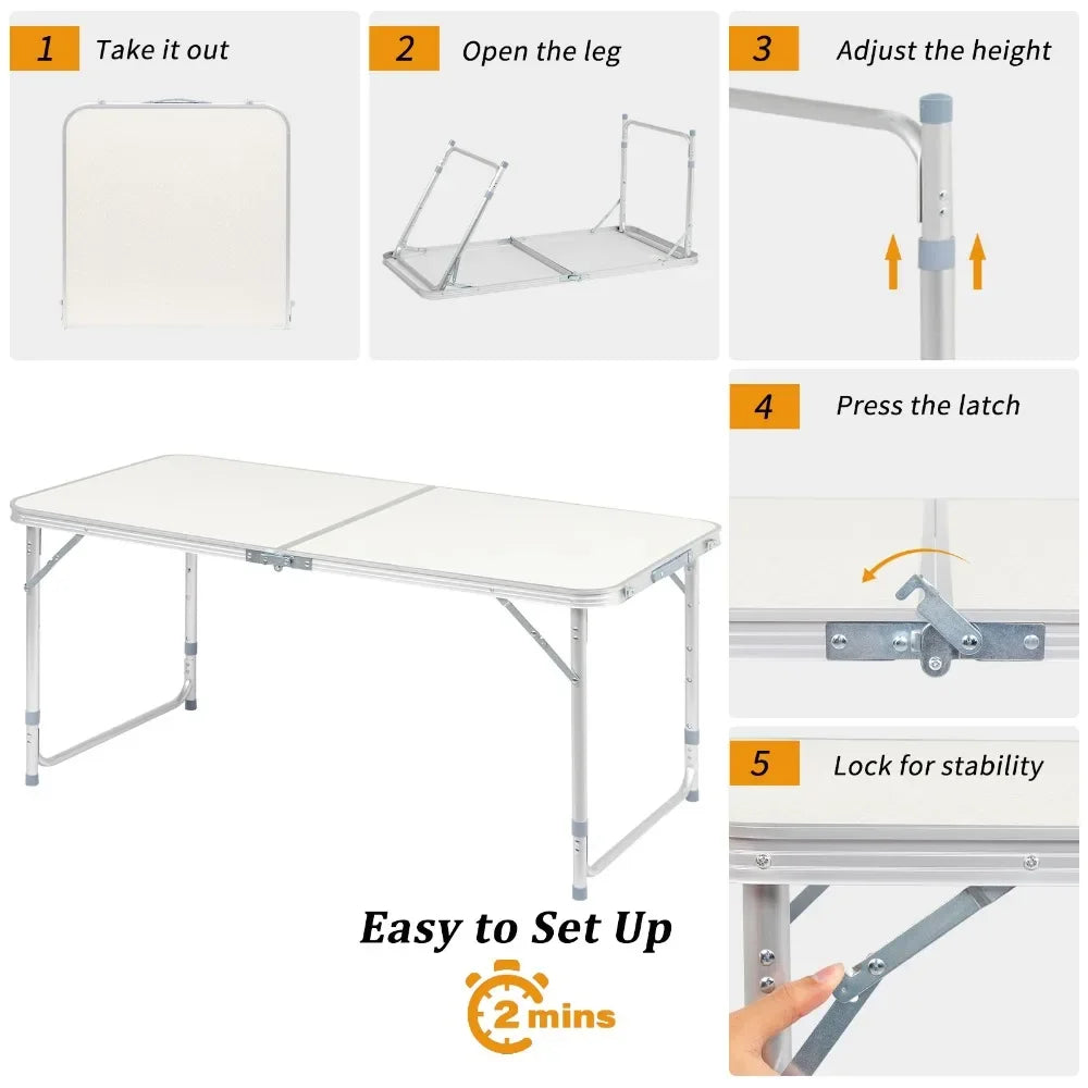 Portable Folding Table 120x60cm Outdoor Multipurpose Adjustable Glides