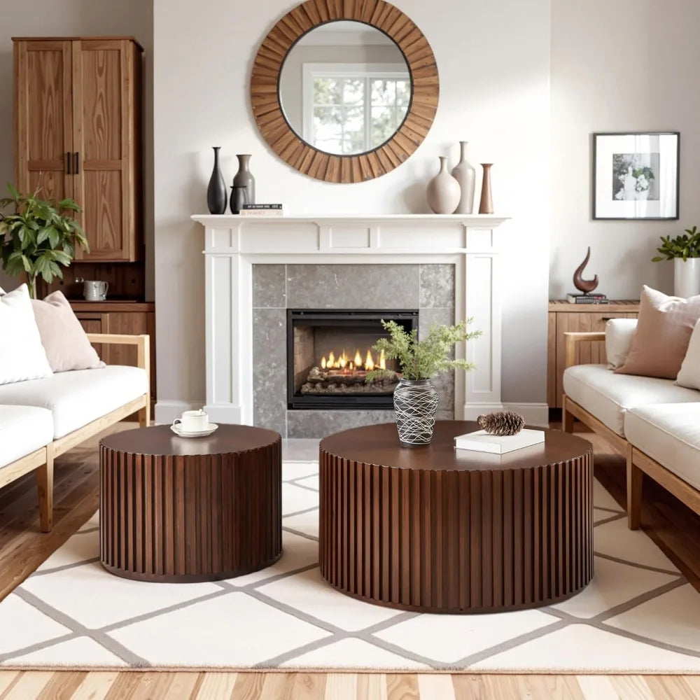 Round Wood Coffee Table Set of 2 Handcrafted Modern Accent Tables