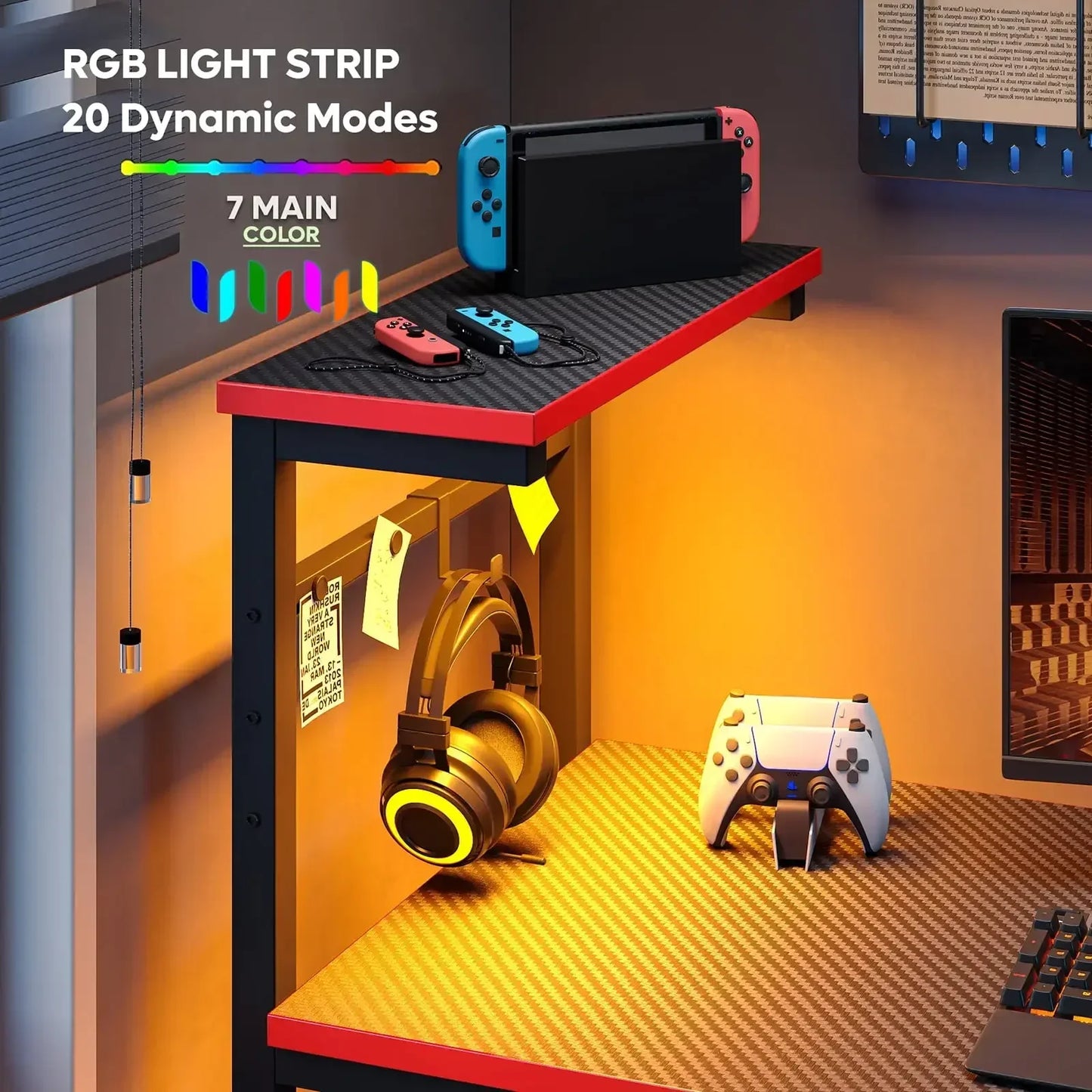 Computer Gaming Desk 44 Inch with LED Lights Reversible Shelves Carbon Fiber