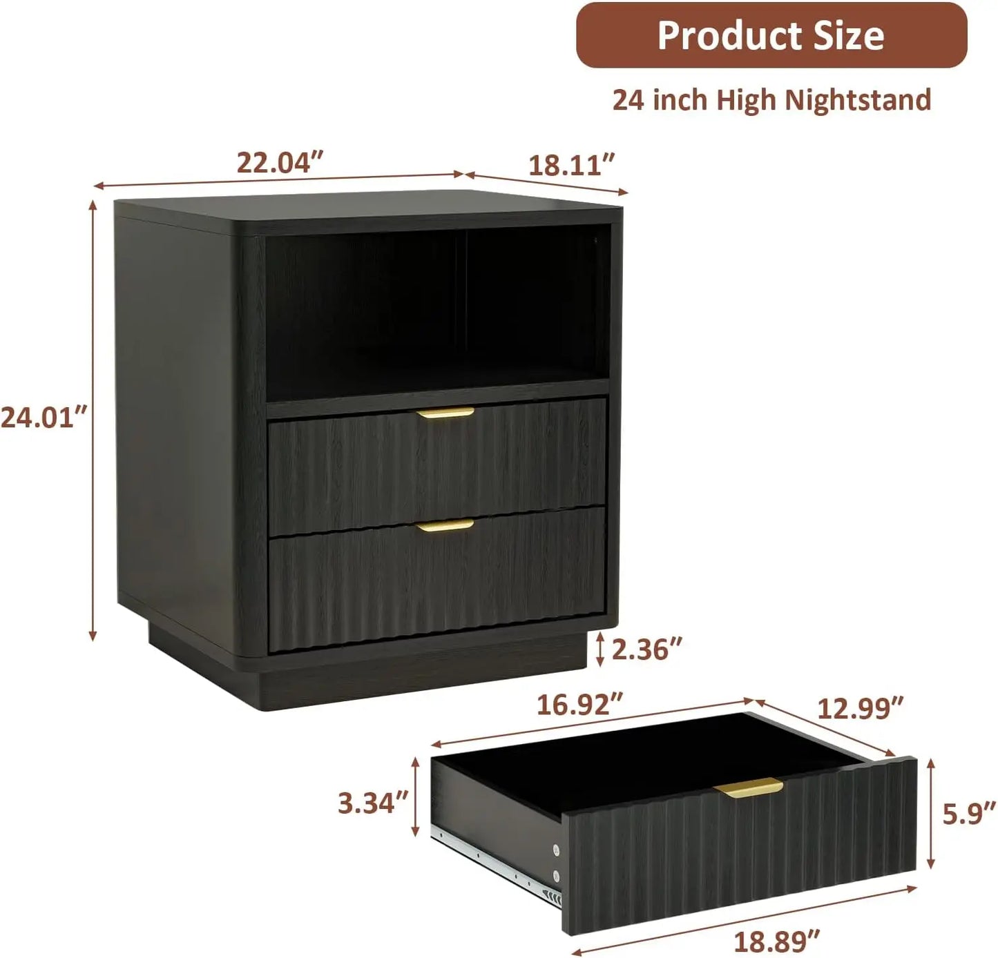 Fluted Nightstands Set of 2 Wooden Bedside Tables Modern Design