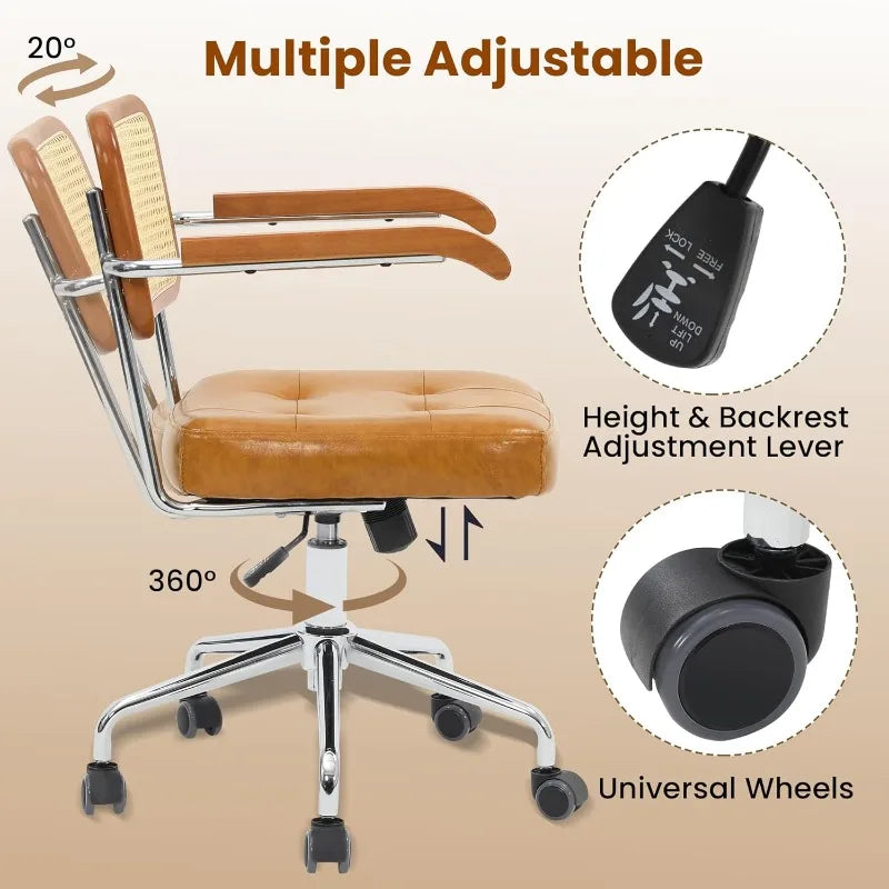 Mid Century Modern Rattan Back Desk Chair Adjustable Swivel Wheels