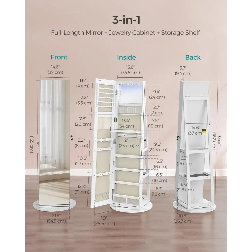 6 LED Lockable Mirror Jewelry Cabinet 360° Swivel Armoire Organizer