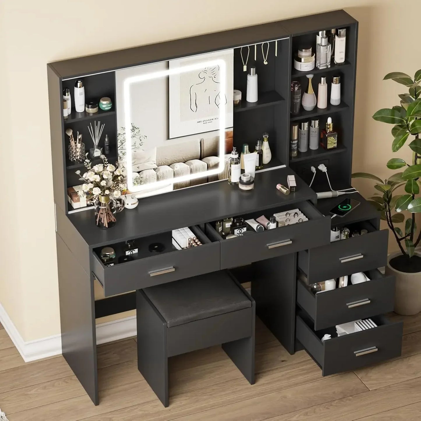 Makeup Vanity Desk with Sliding Mirror LED Lights and Charging Station