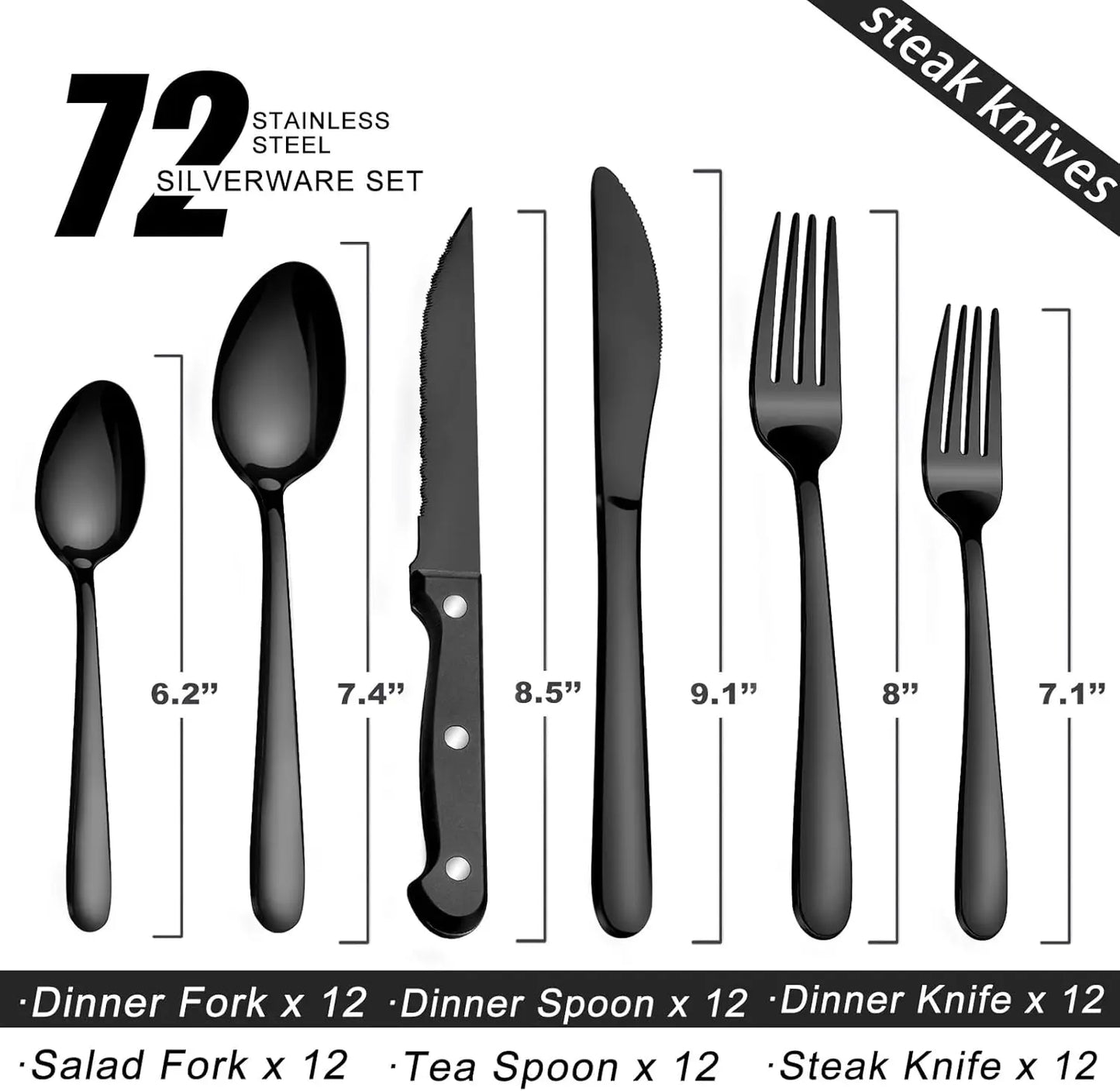 72-Piece Stainless Steel Flatware Set for 12 with Steak Knives