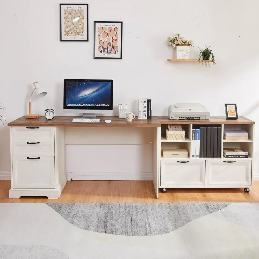 L-Shaped Executive Desk with Adjustable File Cabinet and Charging Station