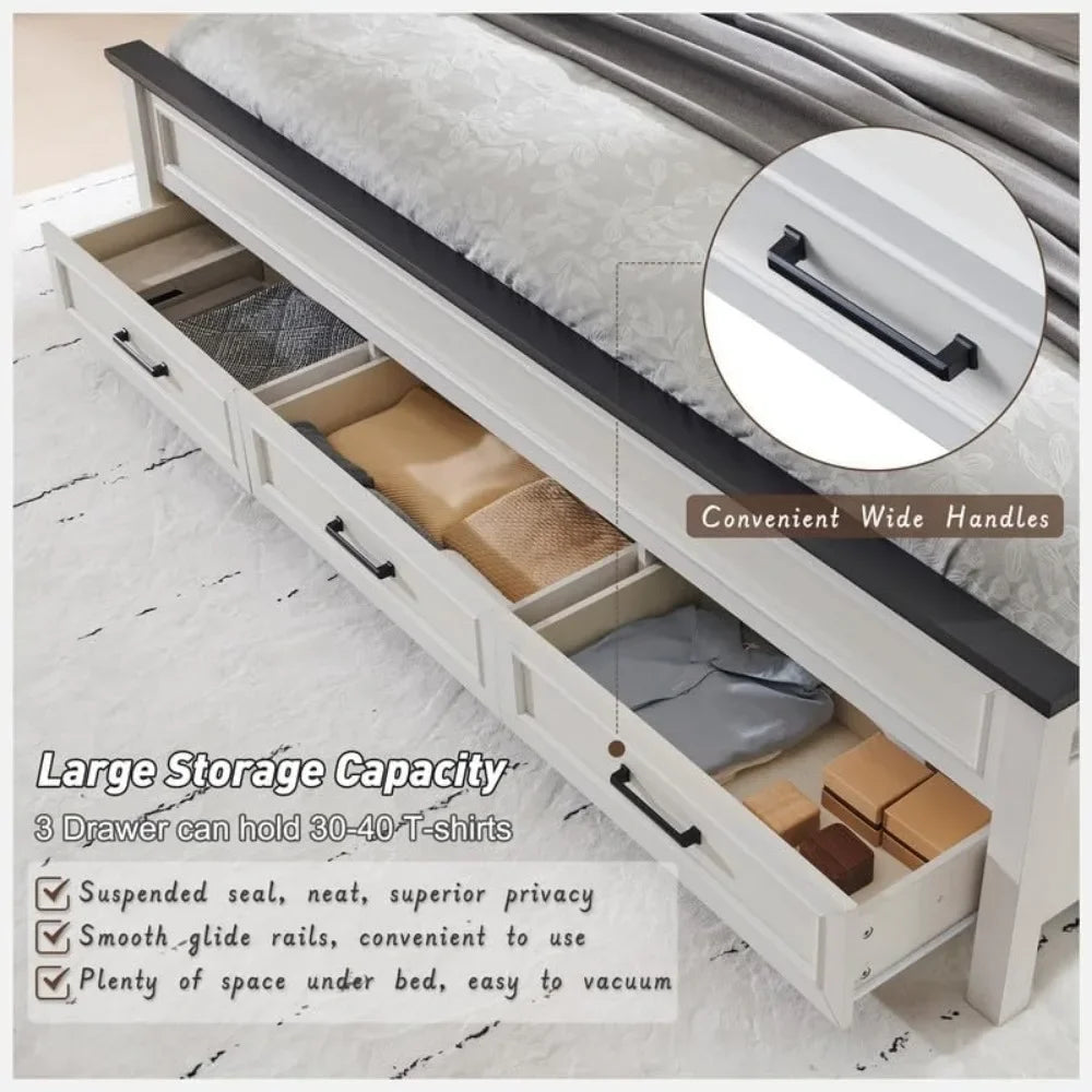 Farmhouse King Size Bed Frame with Tall Headboard and Storage Drawers