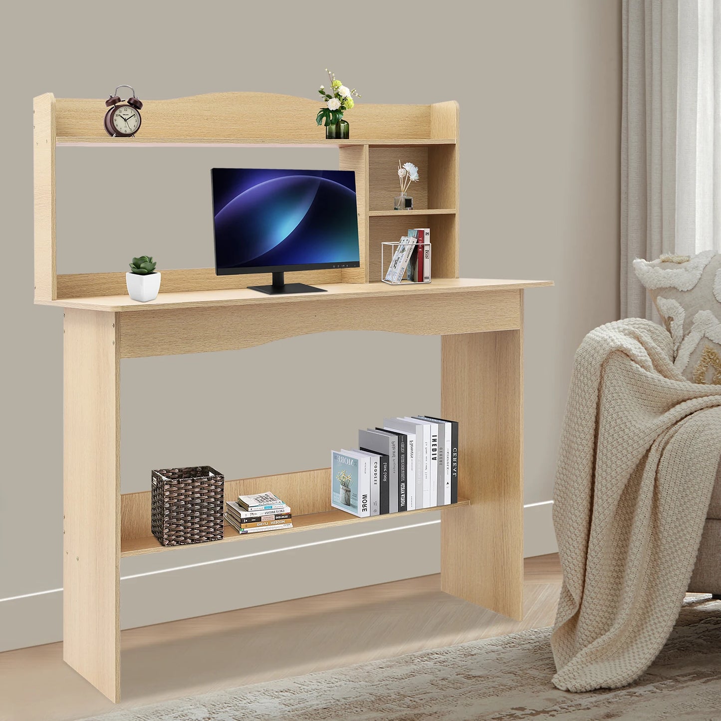 Modern Home Office Desk with Bookshelf Compact Study Desk for Small Spaces