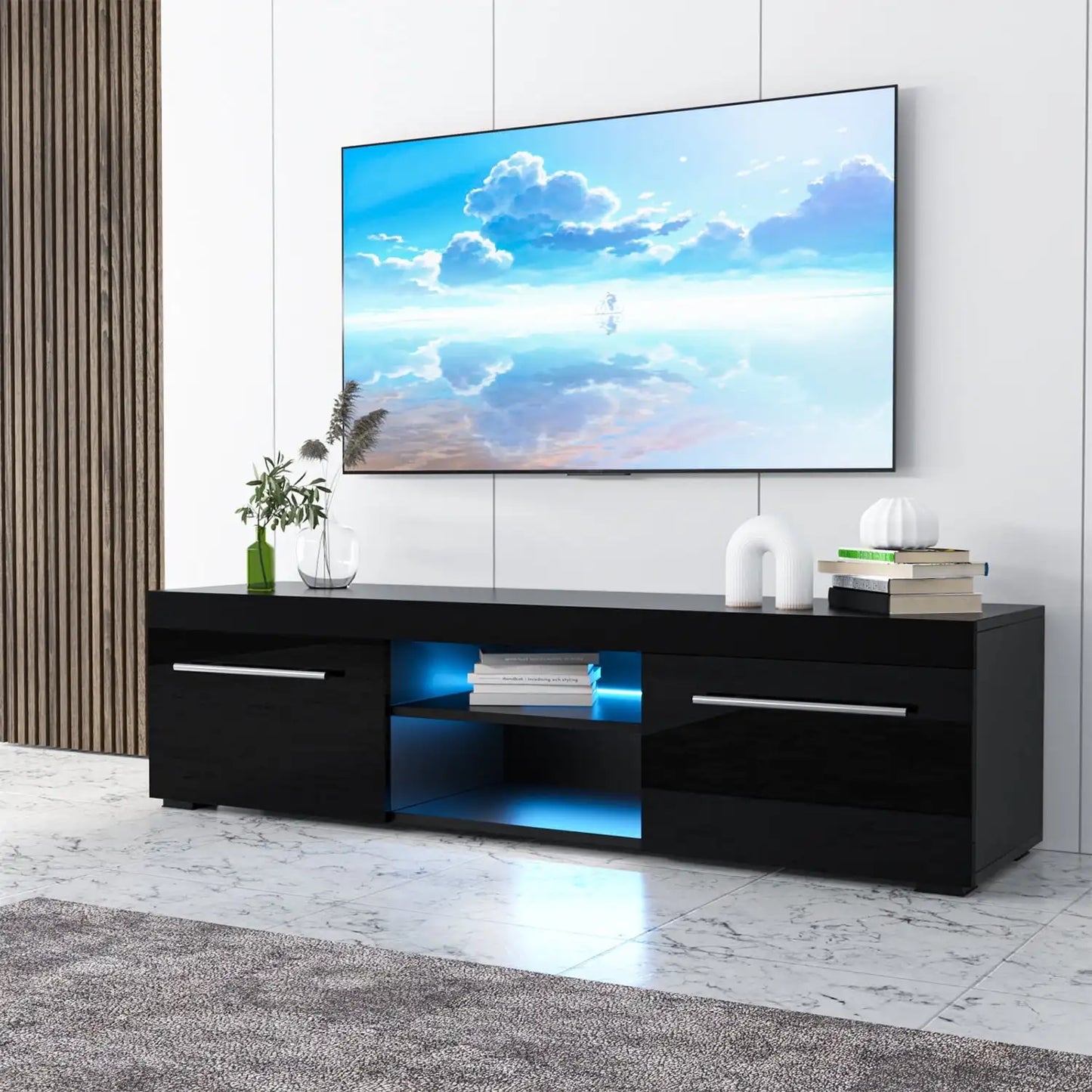 Modern TV Stand for 59 Inch TVs High Gloss LED Lights Entertainment Center