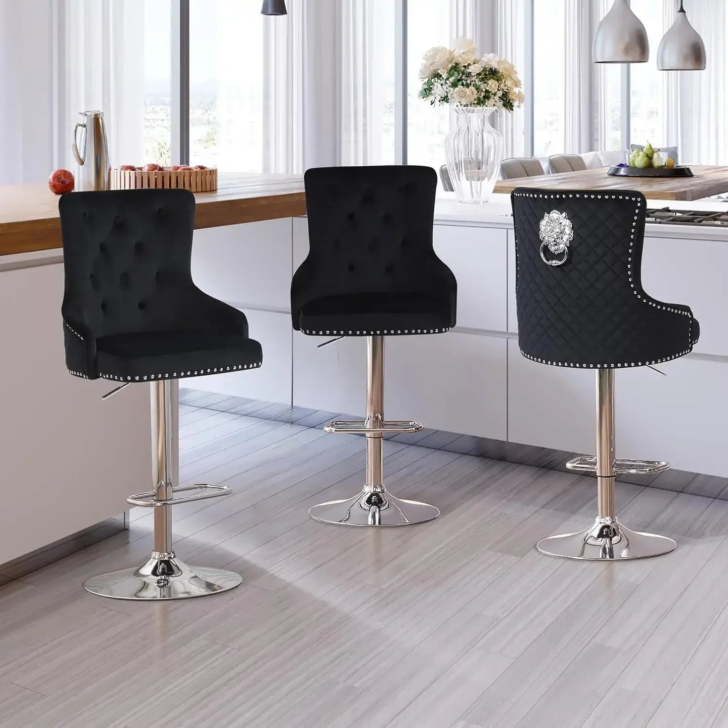 Adjustable Velvet Bar Stools Set of 3 Modern Height Swivel Chairs