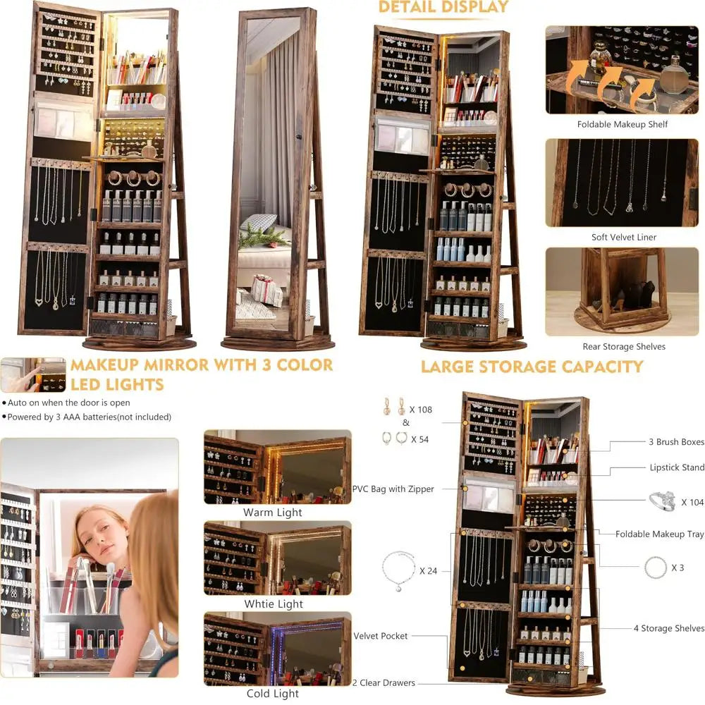 360 Degree Rotating Jewelry Cabinet with Adjustable Lighting and Mirror