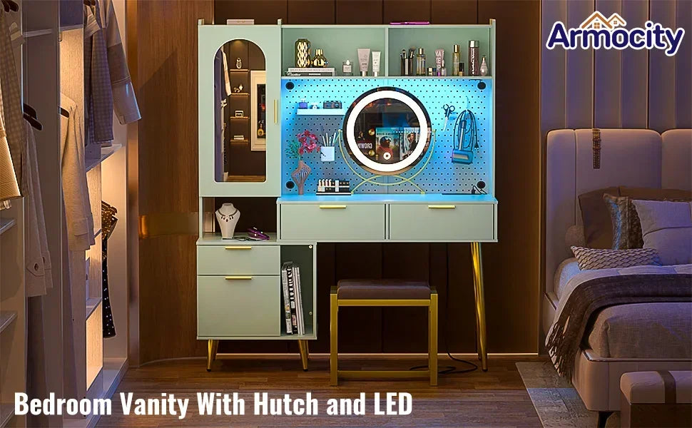 Ljustra 48 Inch Makeup Hutch Modern Charging Station and LED Vanity Table