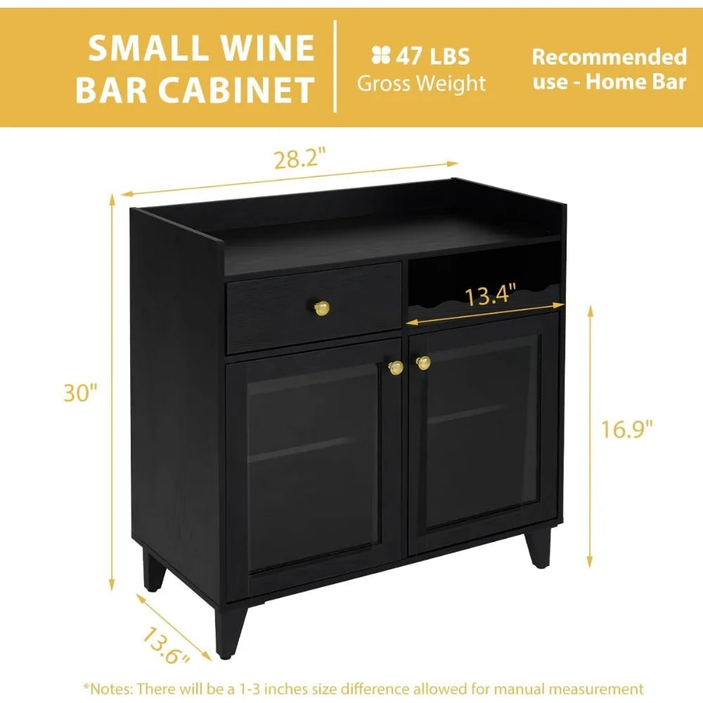 Small Black Bar Cabinet Modern Liquor Storage with LED Light Farmhouse Style