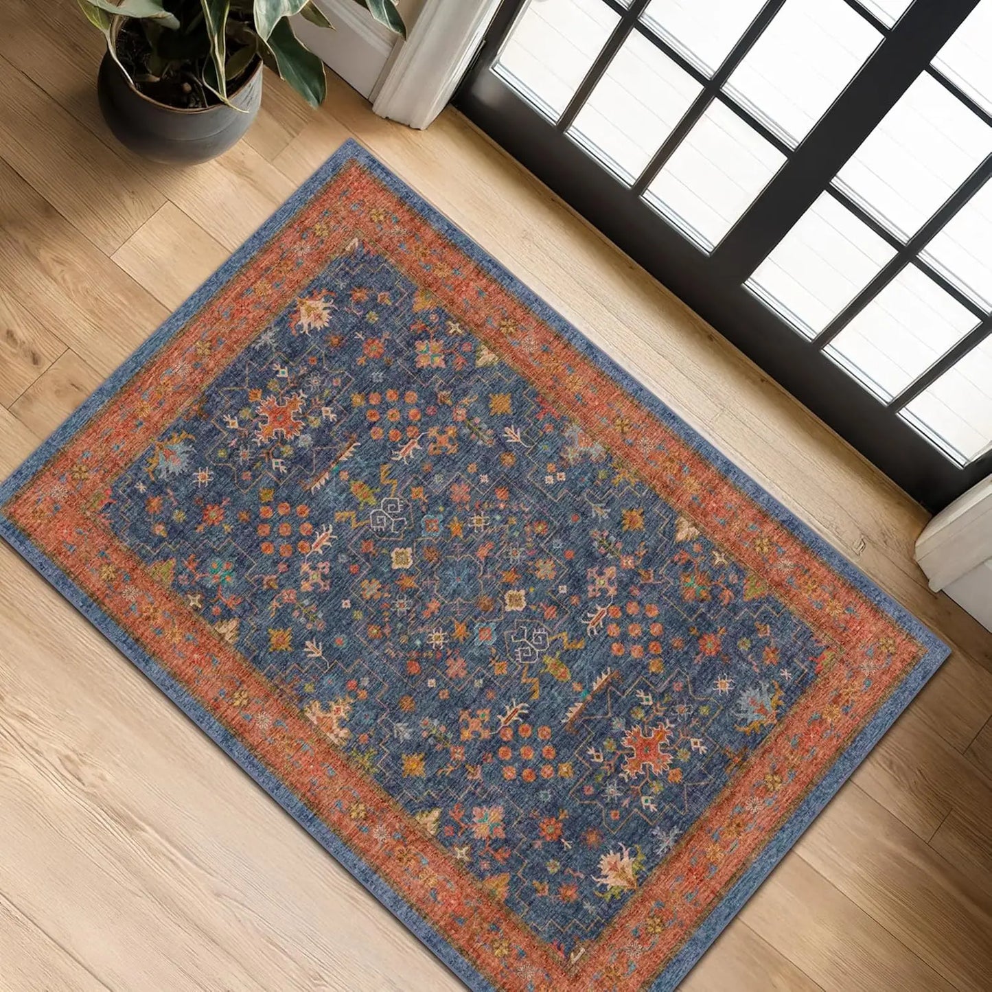 Boho Washable Entry Rug 2x3 Indoor Non Slip Rubber Backing Stain Resistant
