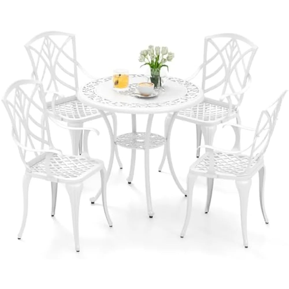 5 Pieces Cast Aluminum Outdoor Dining Set Round Table with Umbrella Hole