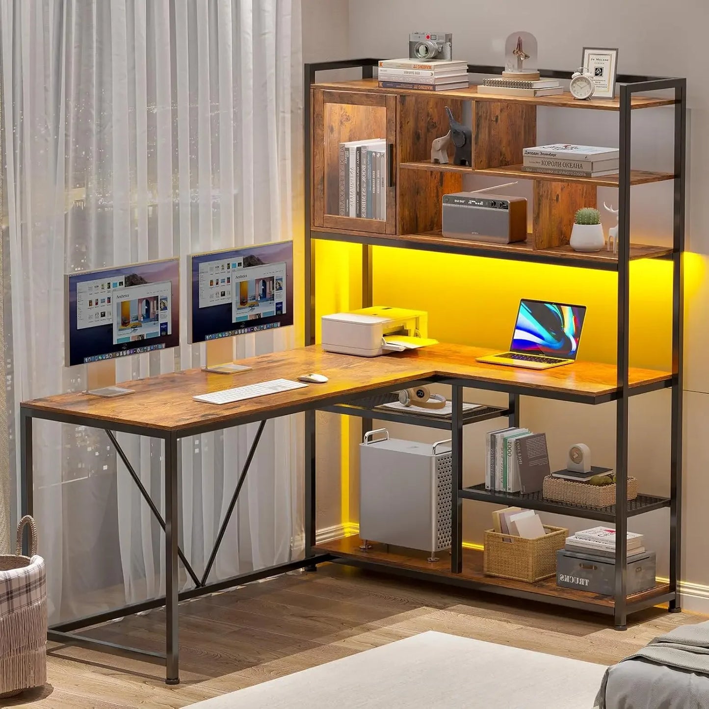 L Shaped Computer Desk with LED Light and Bookshelf for Home Office