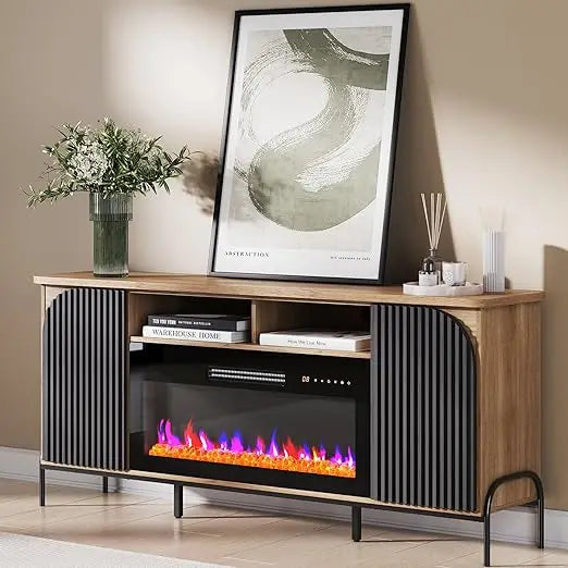 68 Inch Fluted TV Stand Electric Fireplace Modern Entertainment Center