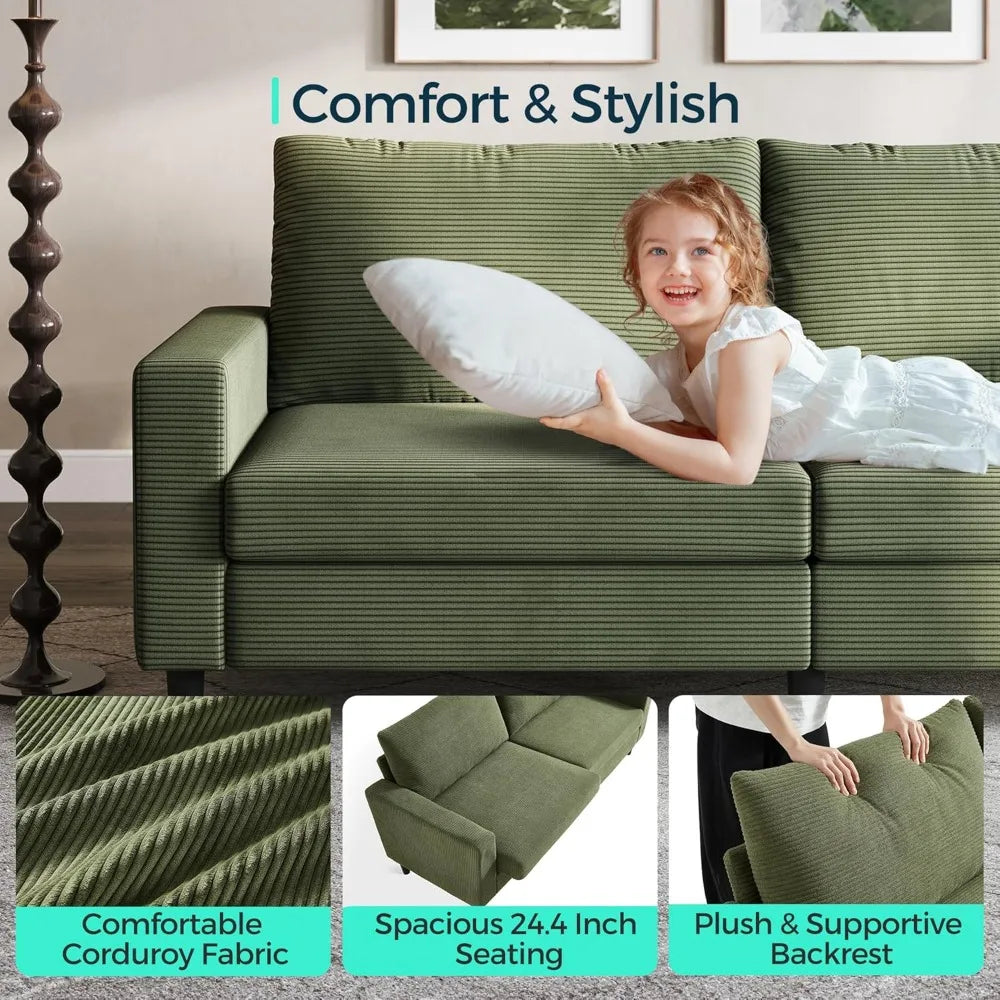 79" Corduroy Loveseat Sofa, Adjustable Seat Depth, Green Couch, Comfy 2–3 Seater