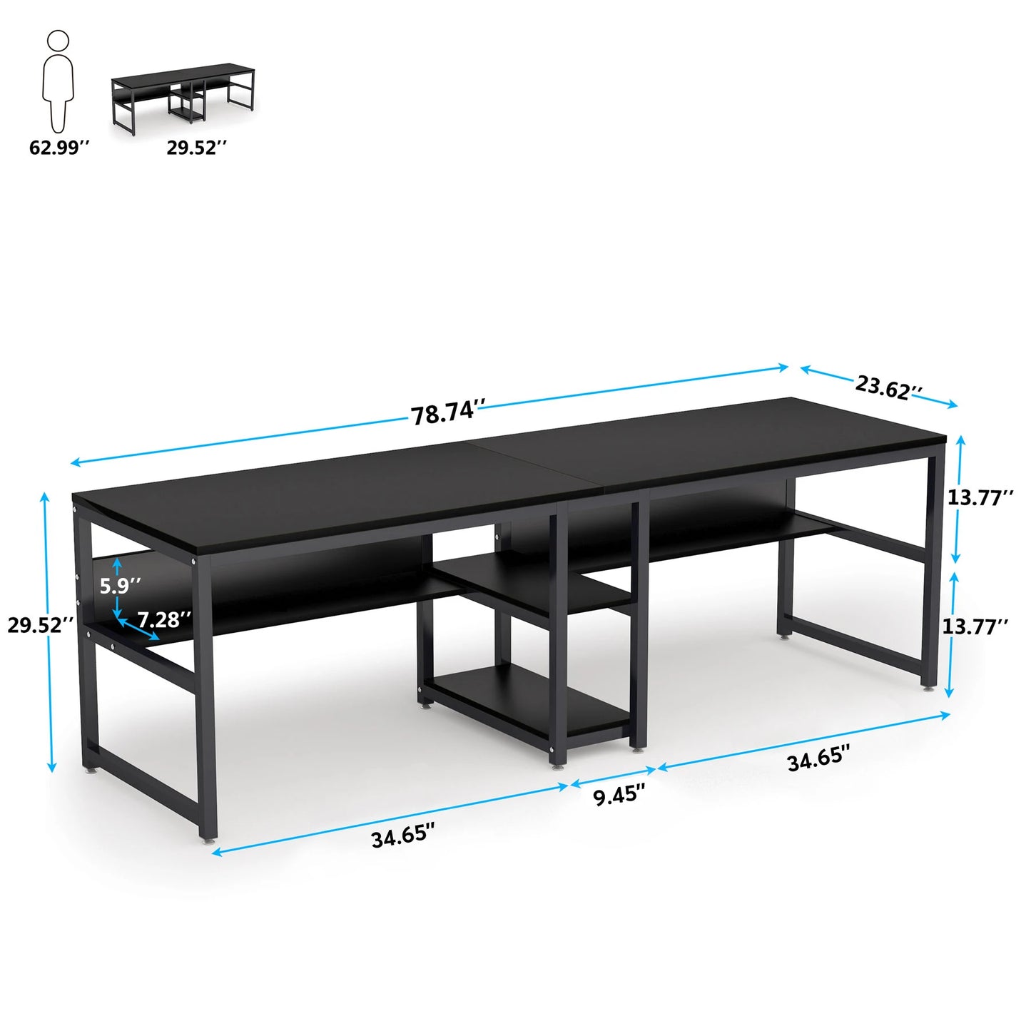 Ljustra Two Person Desk with Bookshelf Rustic Home Office Workstation