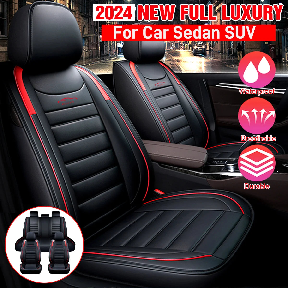 11Pcs Deluxe PU Leather Waterproof 5 Seater Car Seat Cover Set