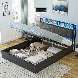Ljustra Queen Size Lift Up Bed Frame with LED Light Storage Headboard