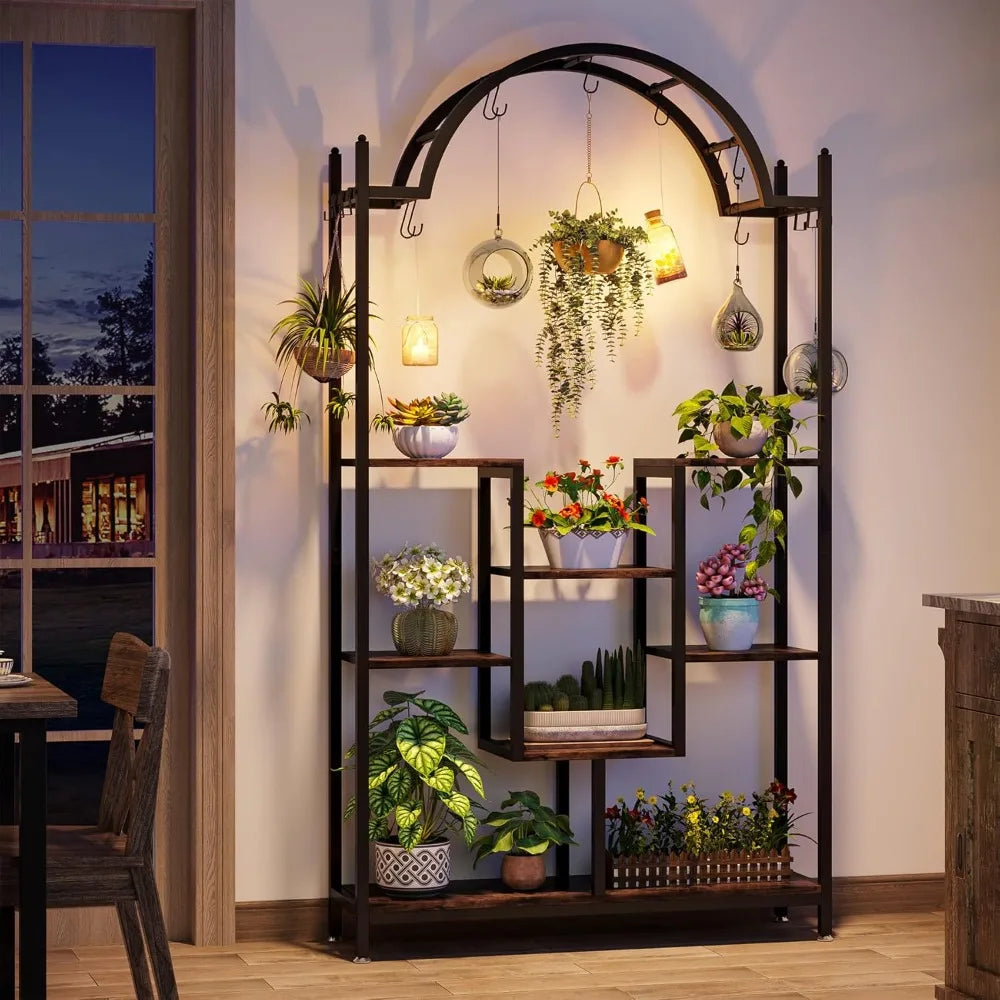 5-Tier Tall Indoor Plant Stand Arched Metal Flower Shelf with Hooks