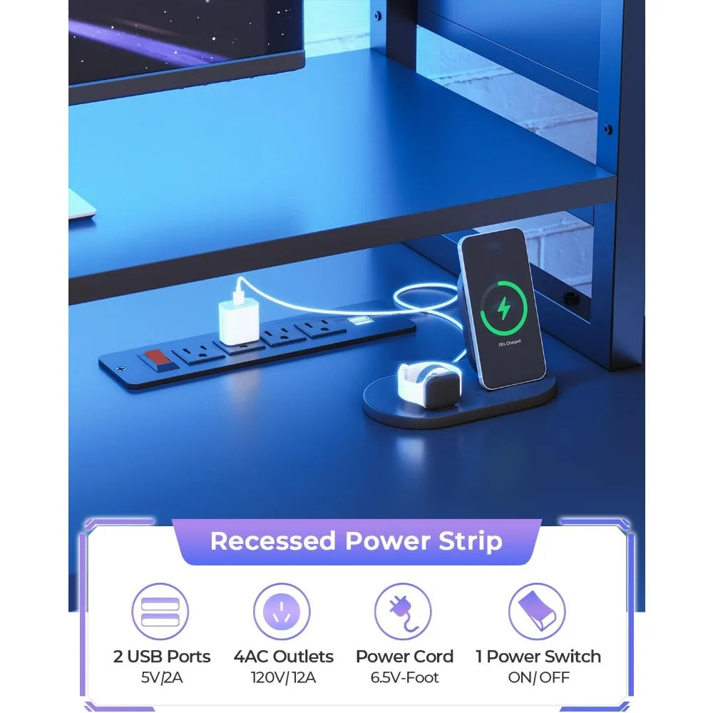 Gaming Desk with LED Lights and Storage Shelves for PC Gamers