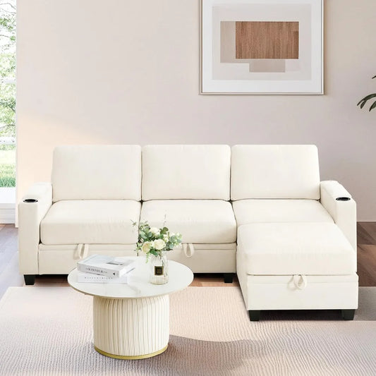 91 Inch Modular L Shaped Sectional Sofa with Storage Cup Holders