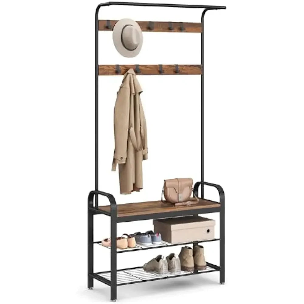 4-in-1 Coat Hanger Entryway Bench with Hooks and Storage Organizer