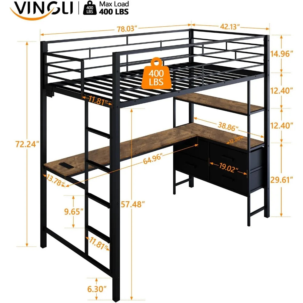 Ljustra Twin Metal Loft Bed Frame with Desk and Charging Stations