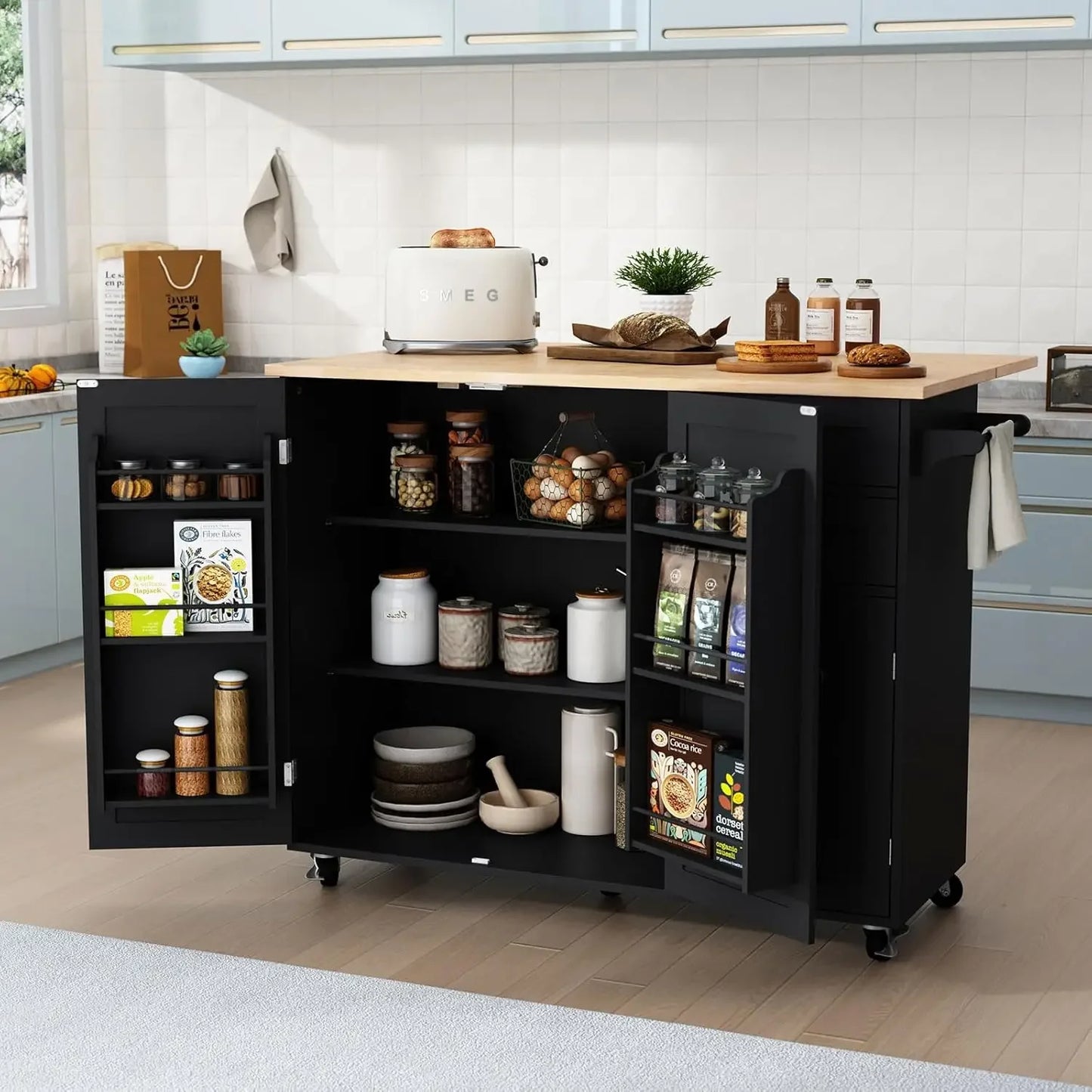 Rolling Kitchen Island with Storage Drop-Leaf Bar Countertop Modern Style