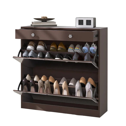 Brown Finish Mirror Shoe Cabinet with 2 Tier Storage Drawers