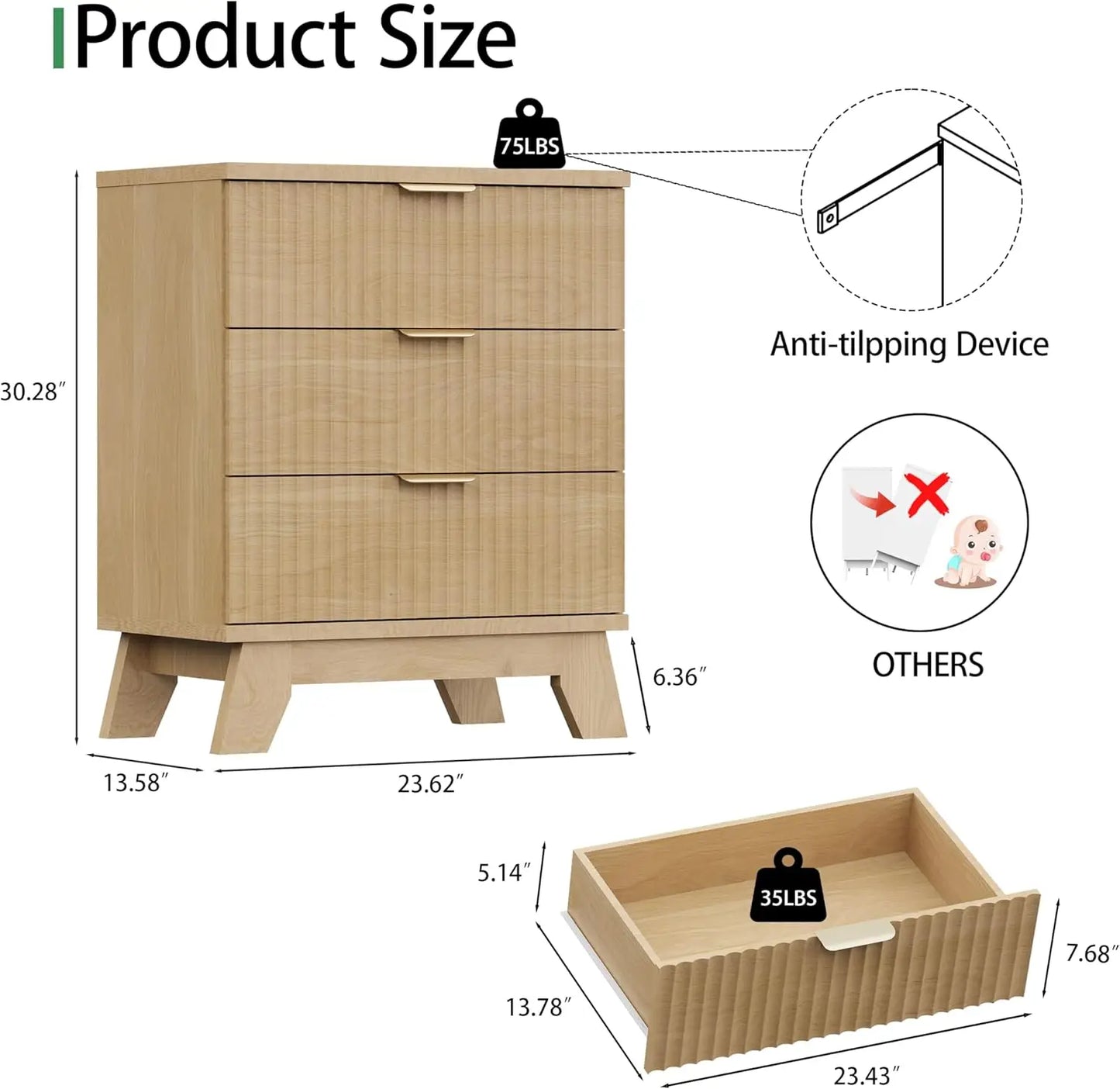 Fluted Nightstand 24 Inch Wide Side Table with 3 Storage Drawers