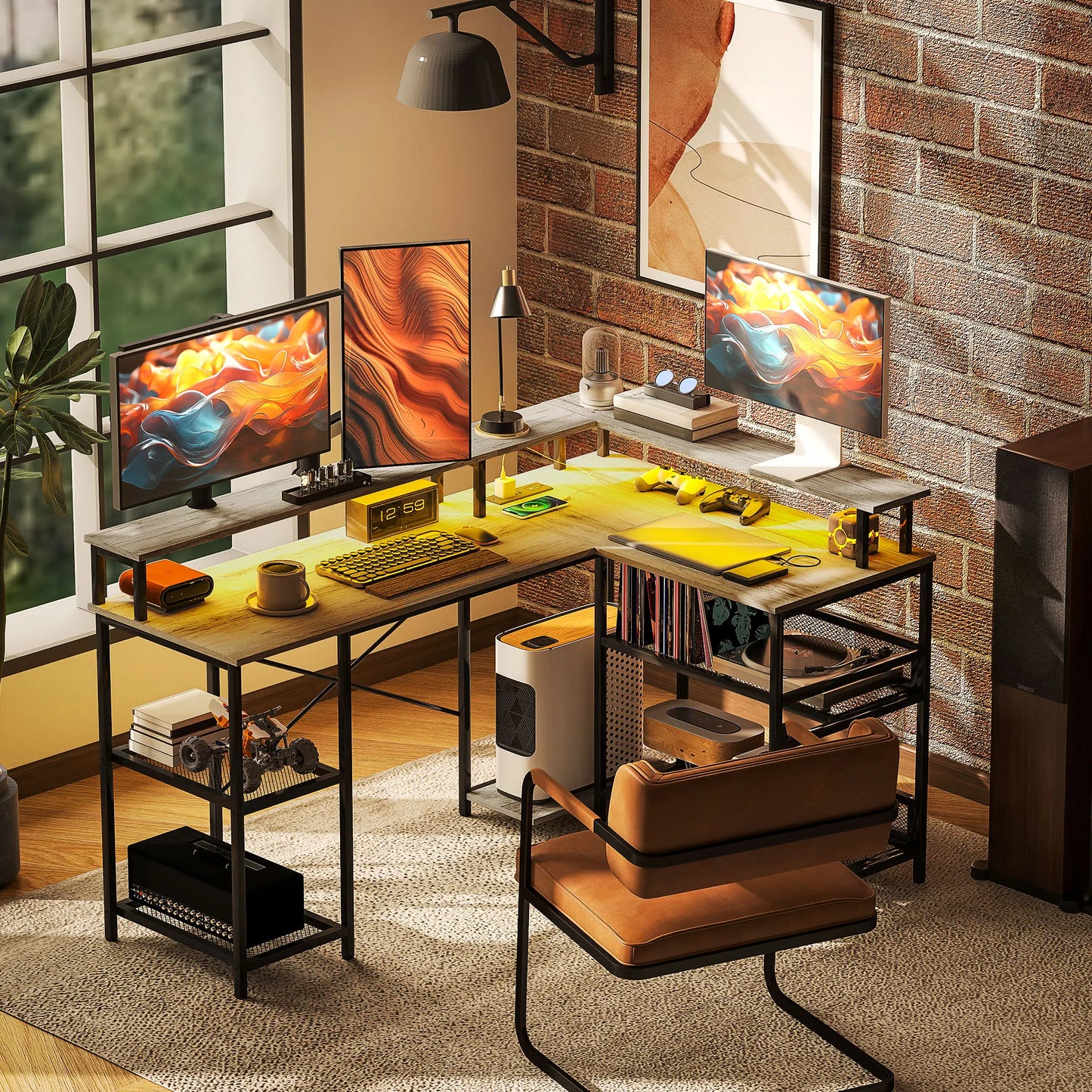 L Shaped Desk with Storage LED Lights Power Outlets Home Office