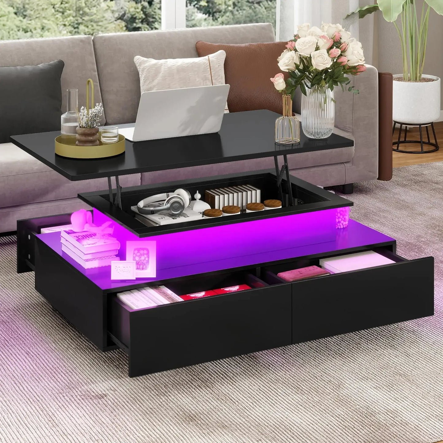LED Lift Top Coffee Table Modern Living Room Table with Storage