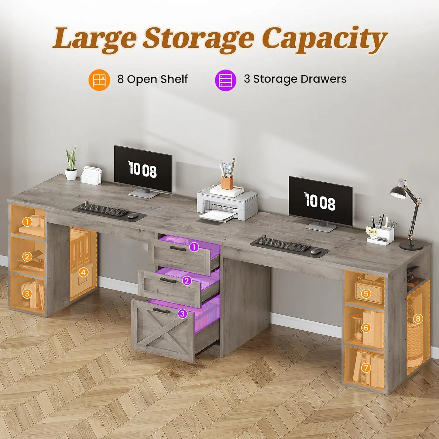 Farmhouse 96.5" Computer Desk 2 Person Home Office Gaming Desk with Drawers