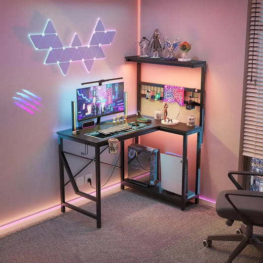 42 Inch L Shaped Gaming Desk with Power Outlets LED Lights Cup Holder