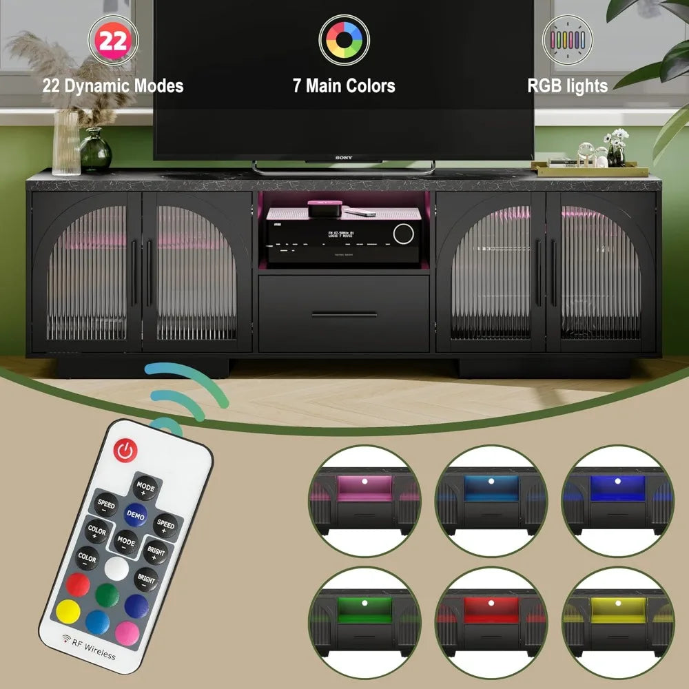 70 Inch TV Stand Entertainment Center with LED Lights and Glass Doors