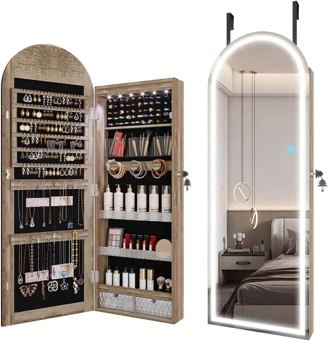 Arched Lighted Mirror Jewelry Cabinet Wall Door Mount Organizer